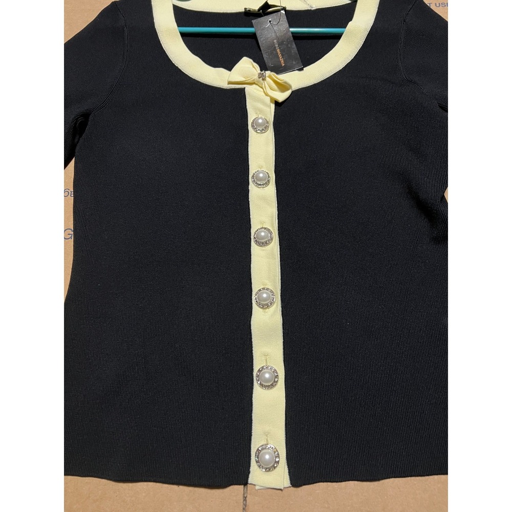 BCBGMAXAZRIA Black Yellow Contrast Trim Pearl Button Cardigan BC10503 Womens M - Picture 3 of 12